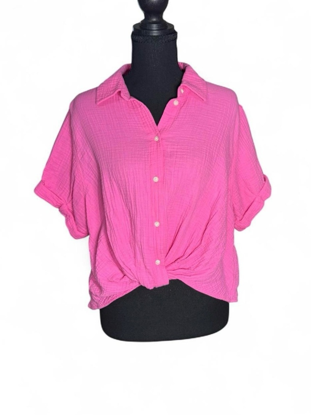 Universal Thread Pink Cotton Gauze Short Sleeve Twist Front Button Down Shirt Sm